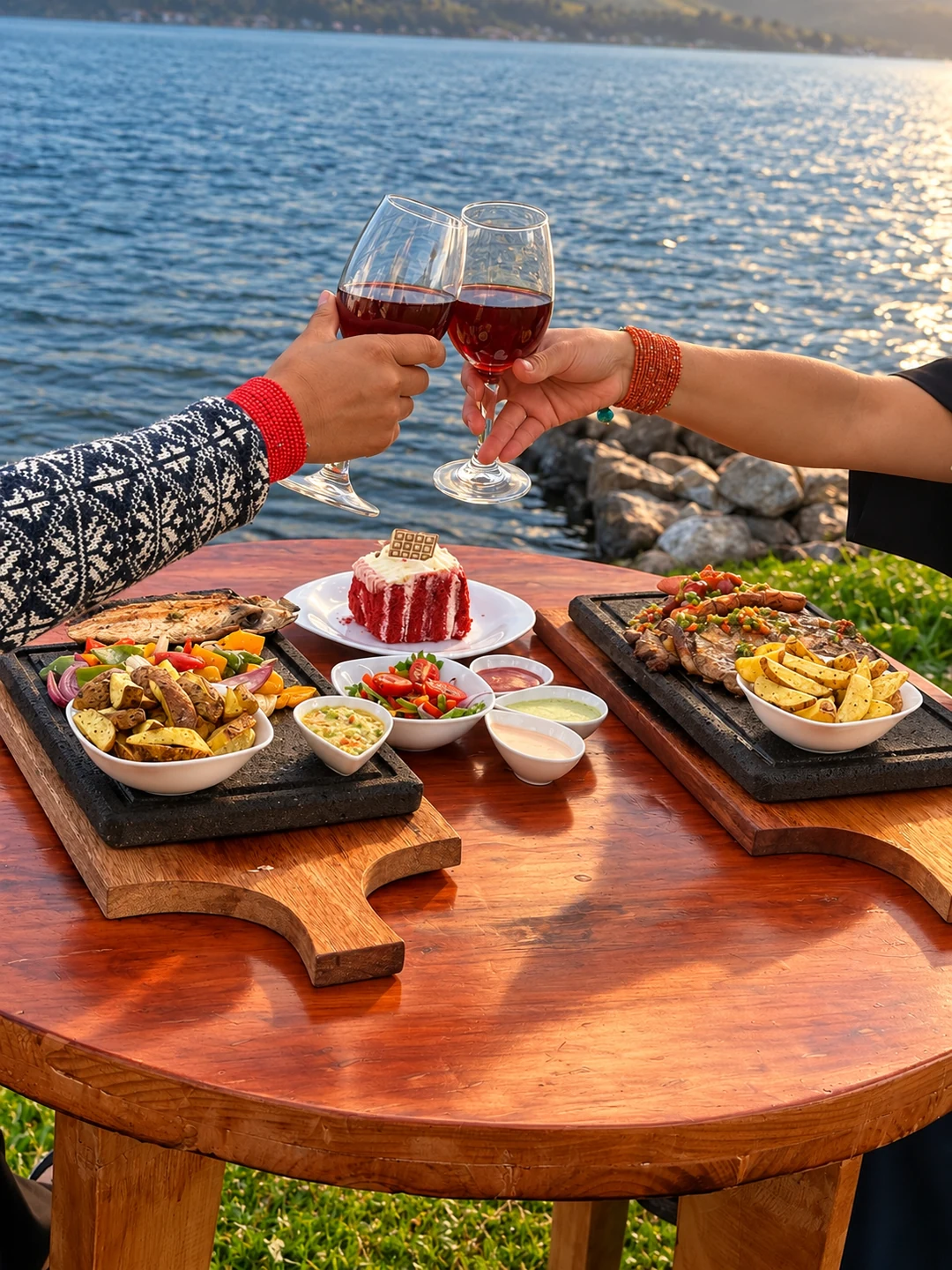 Cena con platos sobre piedra volcánica y un brindis frente al Lago San Pablo