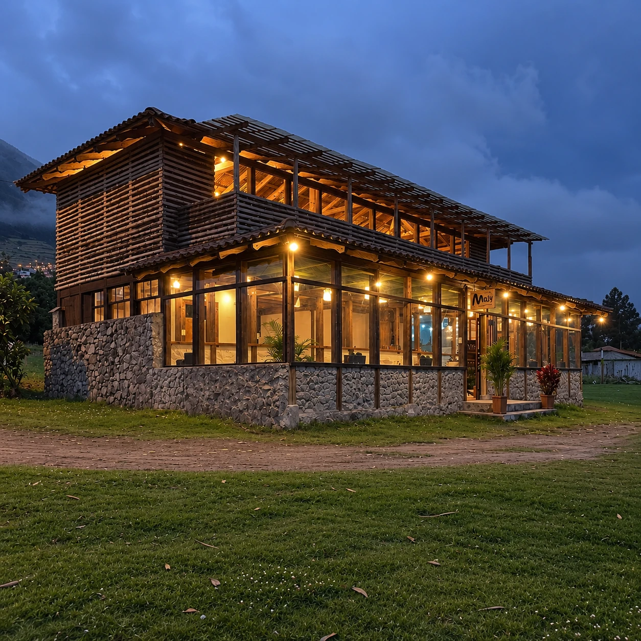 Restaurante rústico al anochecer